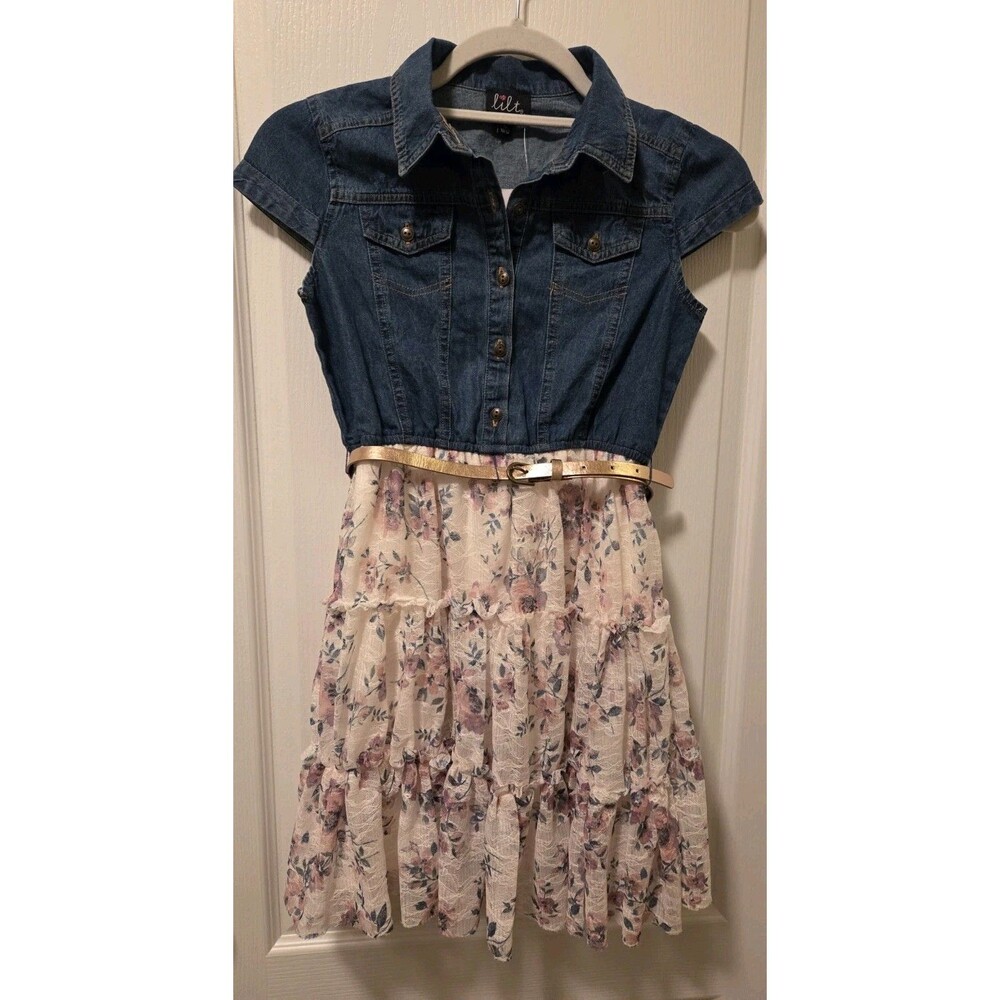 Lilt girls' short sleeve denim/floral tiered dress belted cap sleeve-Size10/12